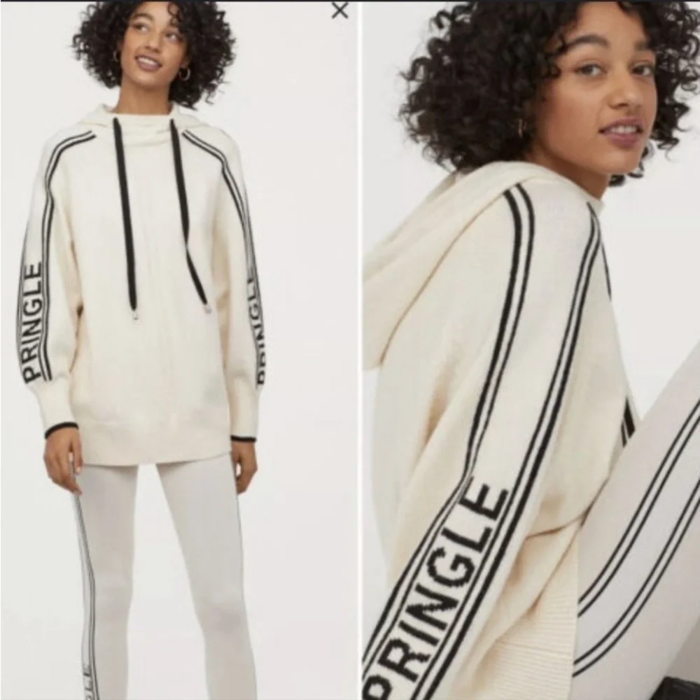 Pringle of Scotland x H&M Oversized Hoodie Sweater Wool Blend Cream & Black XL - Picture 2 of 13
